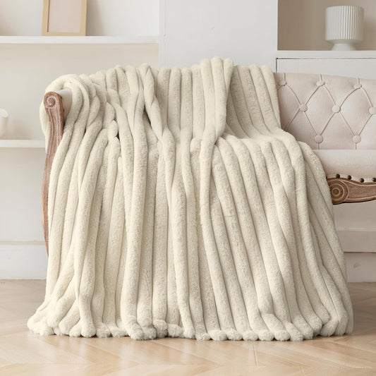Beige Faux Fur Throw Blanket for Couch, Fuzzy Cozy Soft Warm Plush Striped Throw Blanket, Decorative Fluffy Winter Blanket for Sofa Chair Bed Living Room Home Decor, 60"x80"