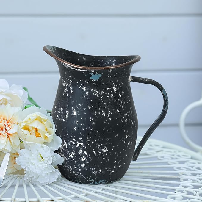 BIG FORTUNE Decorative Pitcher Vase Large Rustic Farmhouse Vase for Flowers Vintage Metal Milk Jug Vintage Decorative Pitcher Kitchen Decorations (Black)