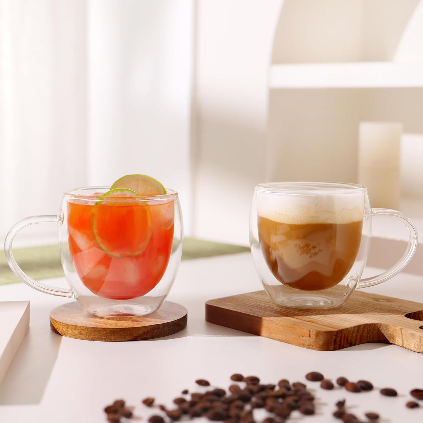 CNGLASS Double Walled Glass Coffee Mugs with Handle,12oz Insulated Glass Mugs with Handle,Clear Espresso Cups for Latte,Cappuccino,Tea Bag,Set of 2