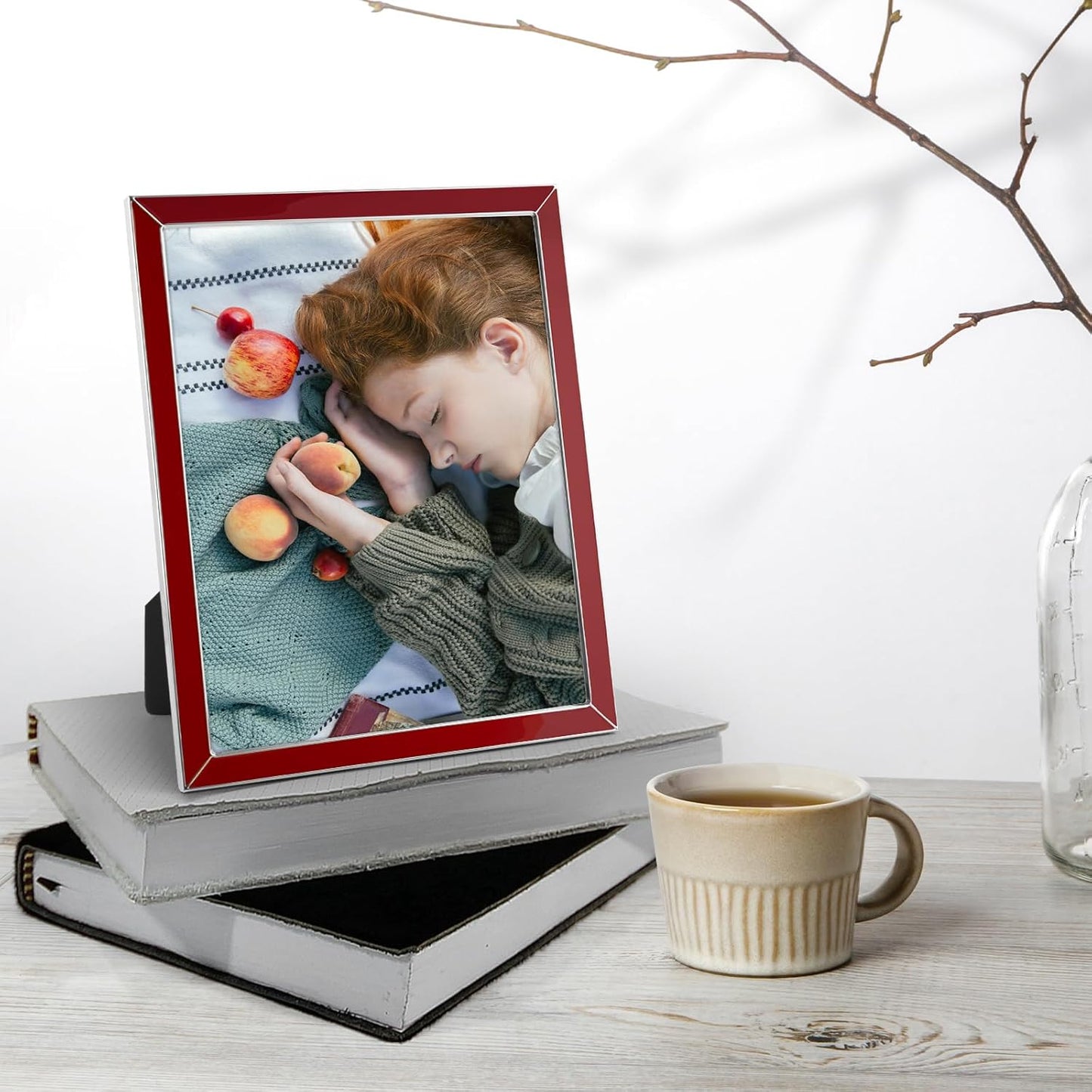 Frametory Enamel Picture Frame - 8x10 Silver Metal Edge Red Enamel Picture Frame With Easel and Velvet Back for Tabletop Display, Bookshelf, 8x10 Wall Decoration, Photo Frames, Picture Display-2 Set