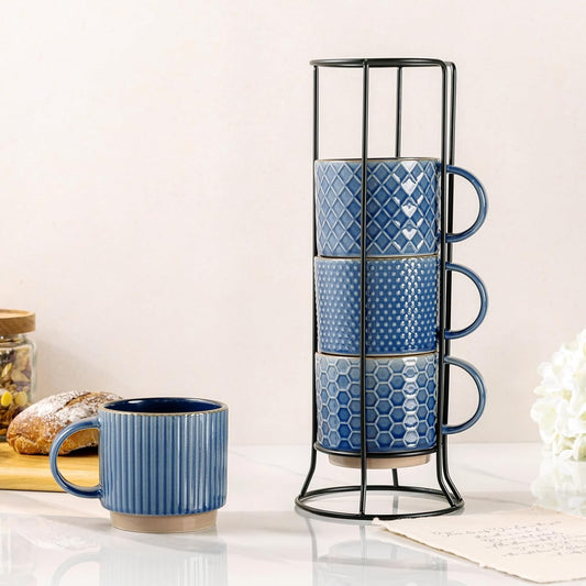 GBHOME 12OZ Stackable Coffee Mugs with Stand, Ceramic Coffee Mugs with Texture Patterns for Man,Woman,Dad,Mom, Modern Coffee Cups Set of 4 for Latte/Cappuccino/Cocoa. Dishwasher&Microwave Safe, Blue
