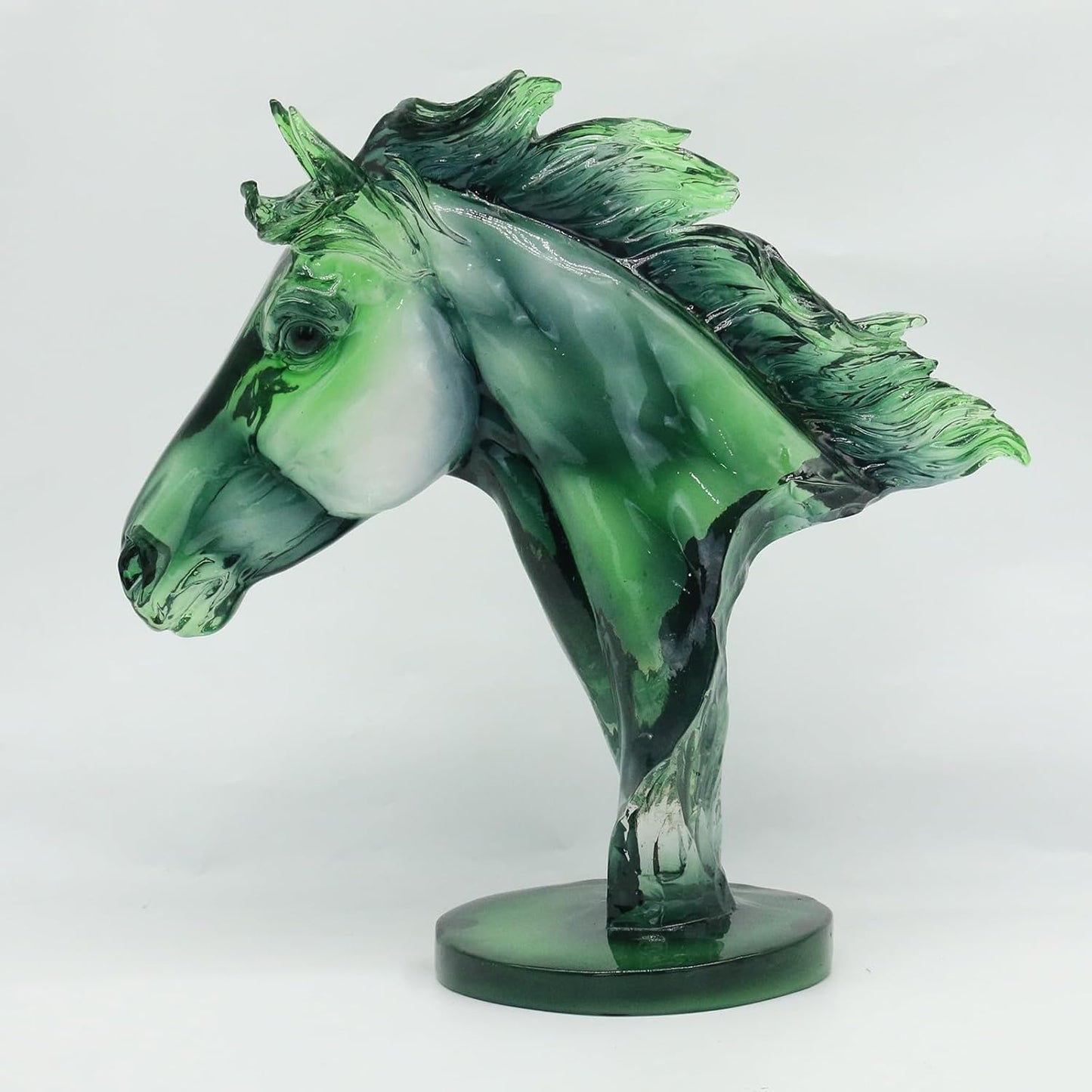 Lukitas Green Horse Head Statue - Modern Abstract Home Decor Sculpture, Elegant Living Room Office Accent Piece, Handcrafted Art Glass-Like Ornament, Transparent Resin 12''