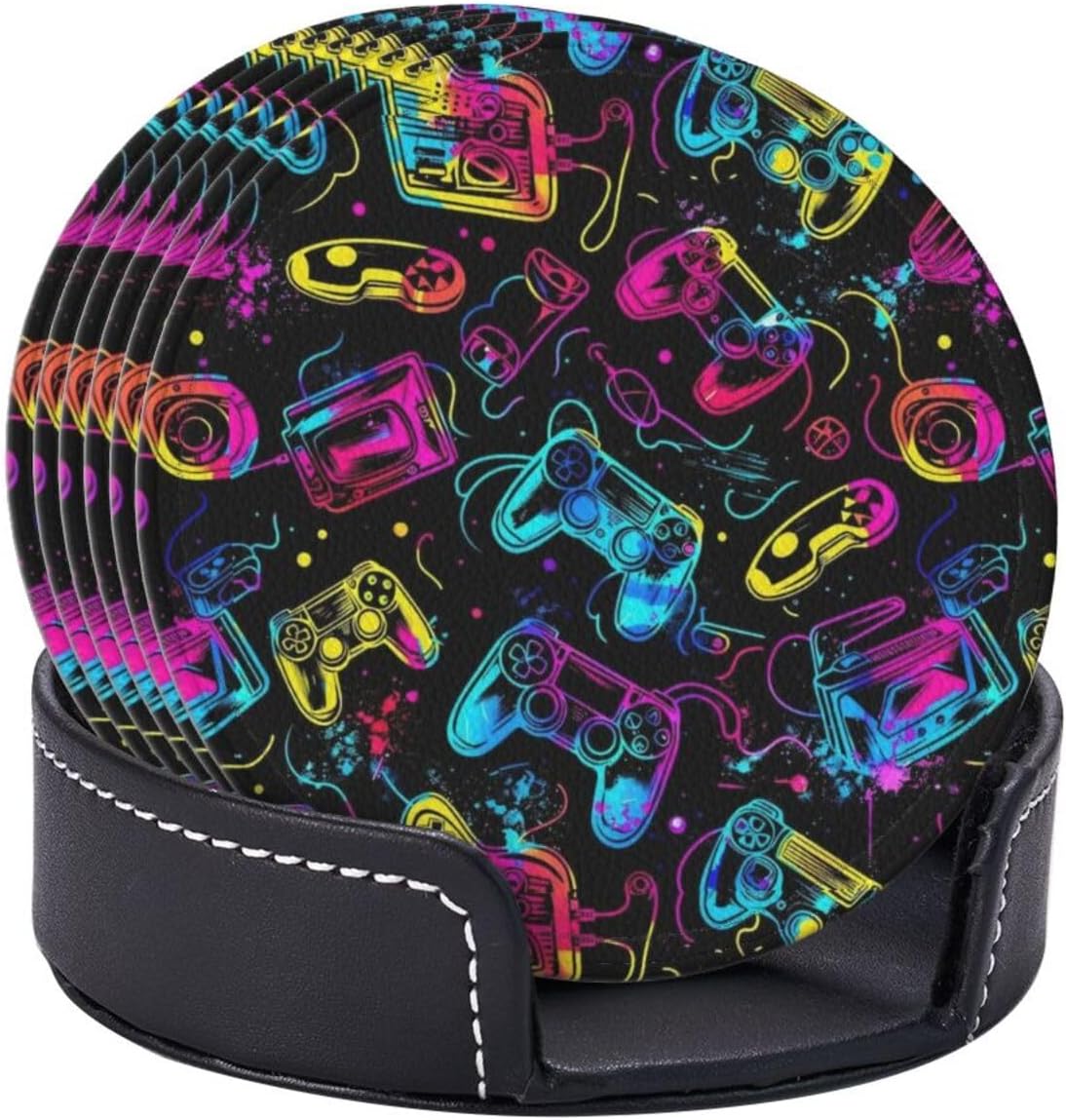 Drink Coasters with Holder Stand Set of 6, Bright Game Controller Pu Leather Absorbent Coasters with Cork Base Table Coaster Round Coasters for Housewarming Apartment Kitchen Bar Decor