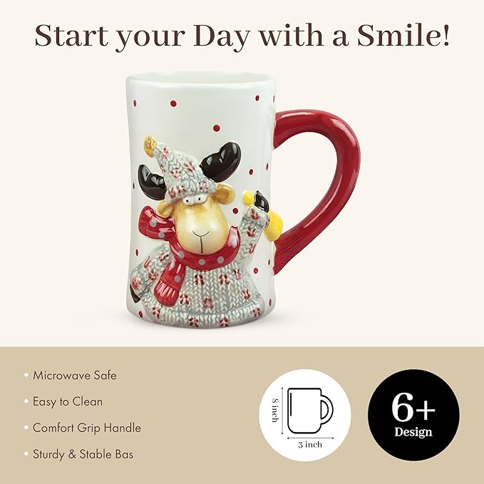 Young’s Inc Ceramic Moose Coffee Mug, 3D Sculpted Cups for Tea, coffee, Cold Drinks, Gift for Coffee Lovers, Cooks, Birthday, Microwave-Safe Dishwasher-Safe Christmas Decor, 6-inch Length