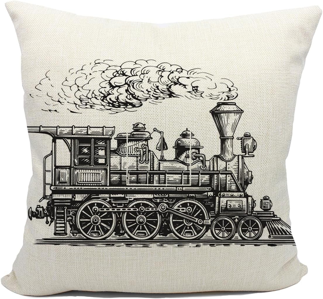 Mancheng-zi Train Pillow, Train Decor Pillow Covers 18x18, Train Pillow Cushion, Train Themed Room Decor, Gifts for Train Lovers,Train Gifts for Men, Train Decor Linen Cushion Cover