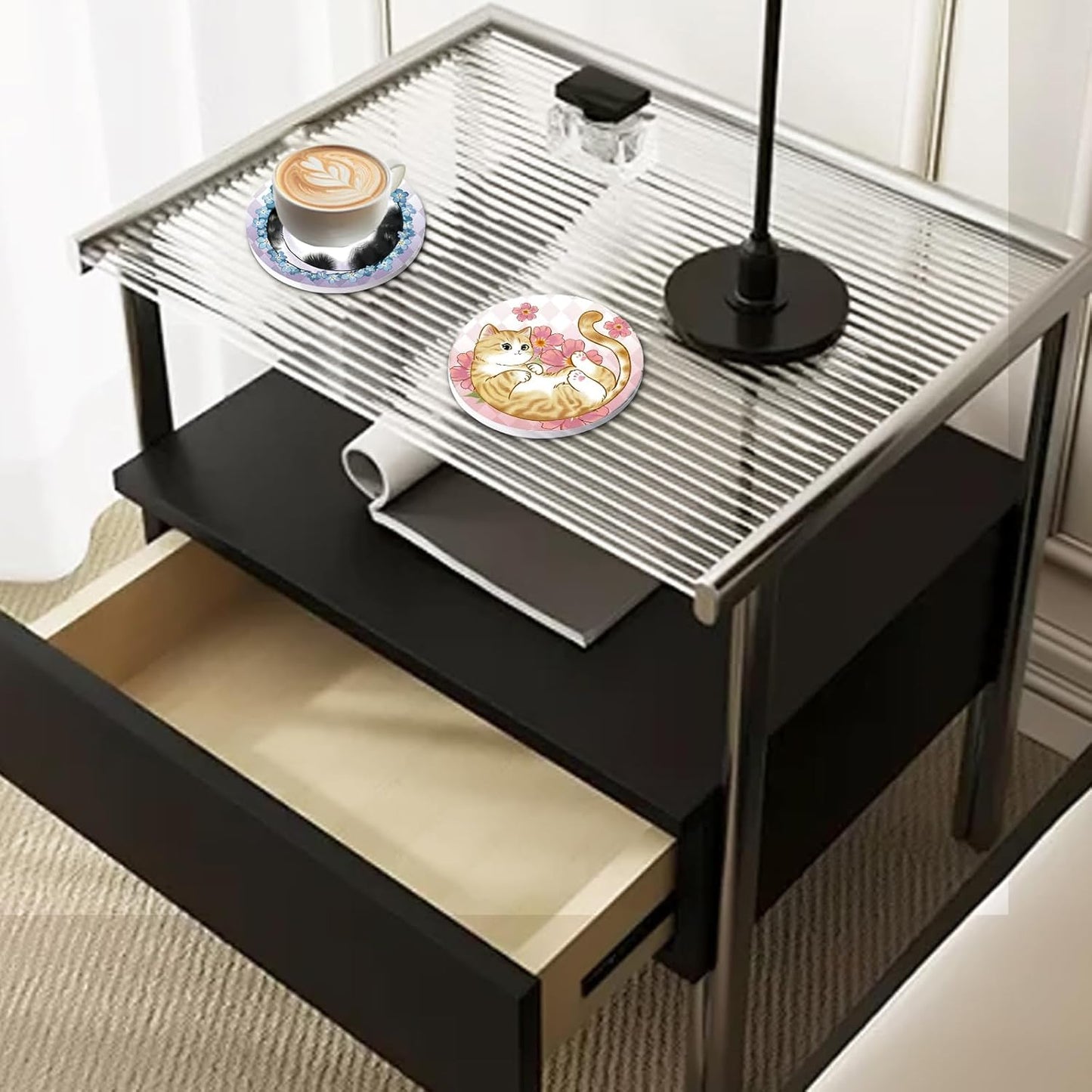 Coasters Absorbent Ceramic Coaster Drink Coasters with Cork Back Lazy Cats Set of 6 Round Coaster Non Slip for Coffee Table Wine Glass Home Bar 4 Inch, Cute