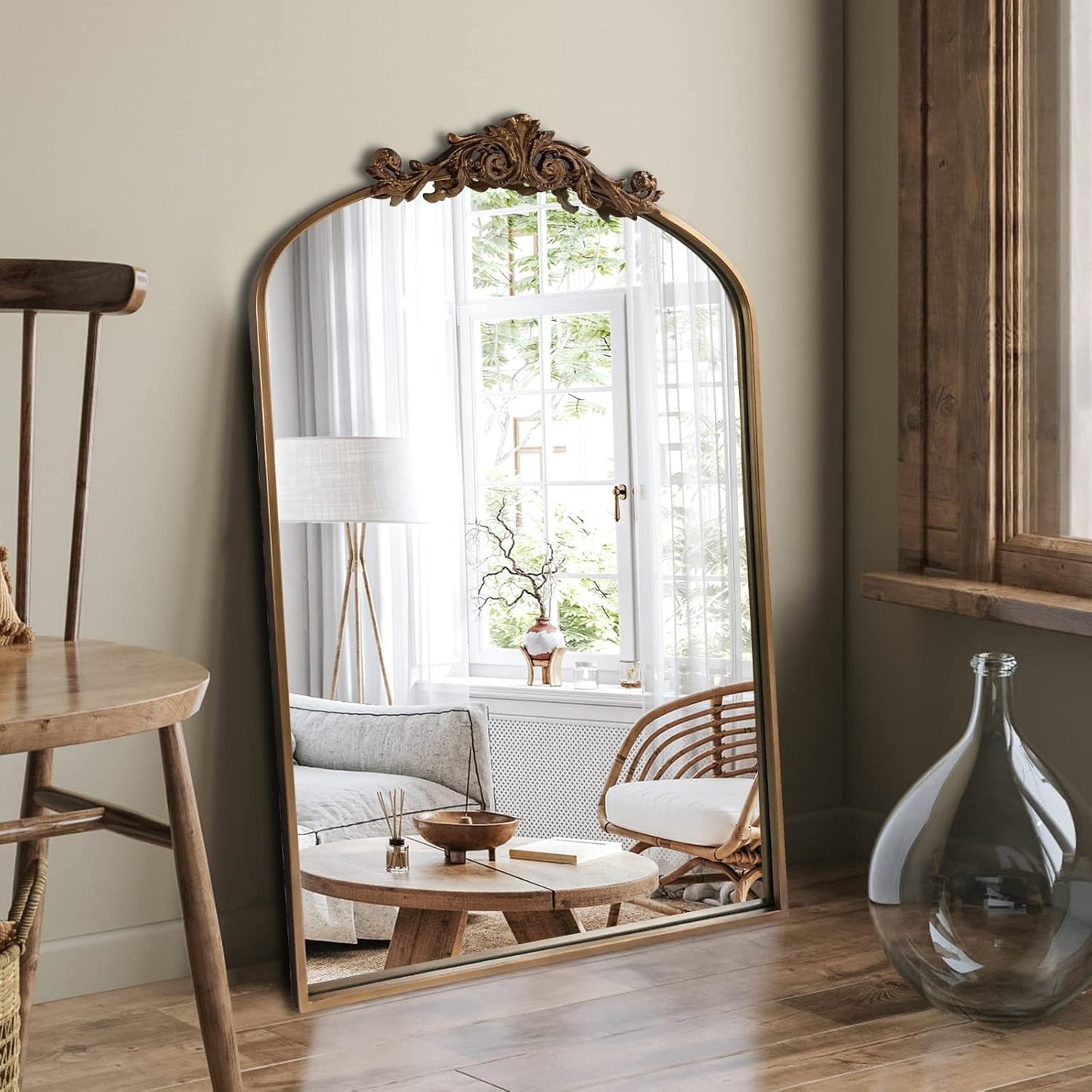 Gold Brass Mirror for Wall,Gold Traditional Vintage Ornate Baroque Mirrors,Victorian Antique Bronze Mirrors with Full Matel Frame,Arched Mirror for Entryway/Bathroom/Fireplace 24"X36"