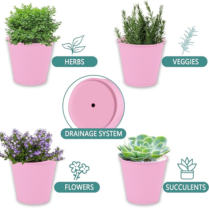 Indoor Herb Garden Set of 3 with Tray and 3 Types of Gardening Tools, Metal Plant Pots Herb Garden Planter Kit with Drainage for Plants (Pink)