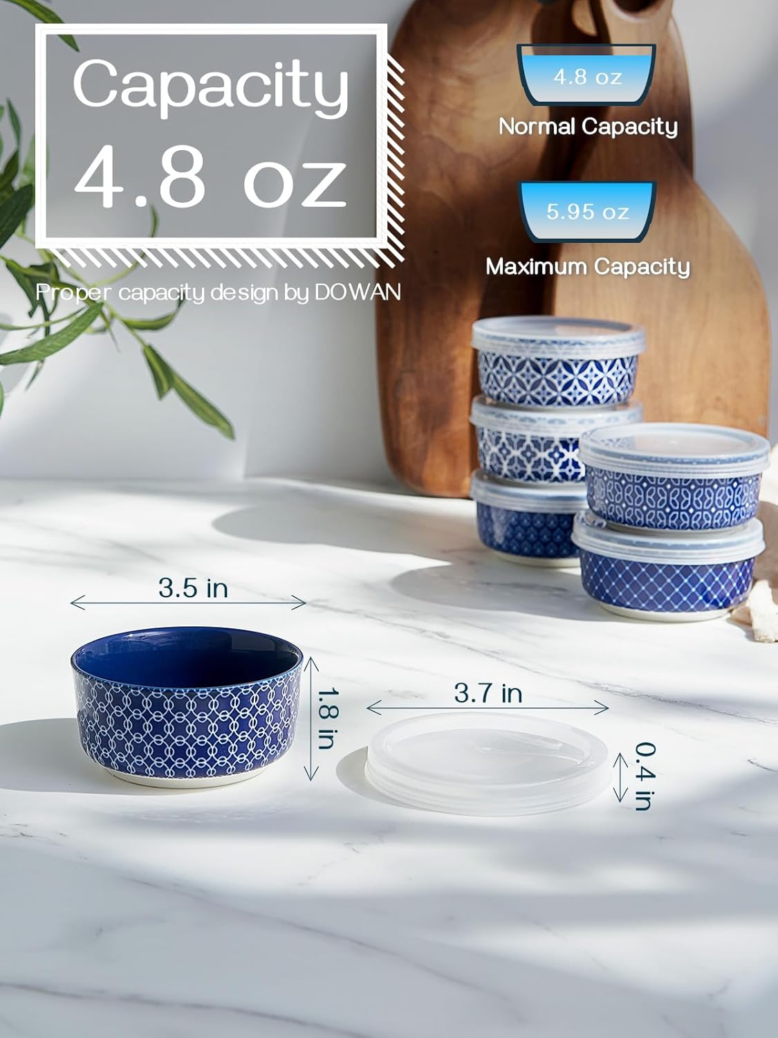 DOWAN Ramekins with Lids 4 oz, Ceramic Dipping Bowls with Lids, Small Oven Safe Baking Cups, For Personal Creme Brulee, Souffle, Custard, Ice Cream, Dipping Sauce Bowls, Set of 6, Vintage Blue