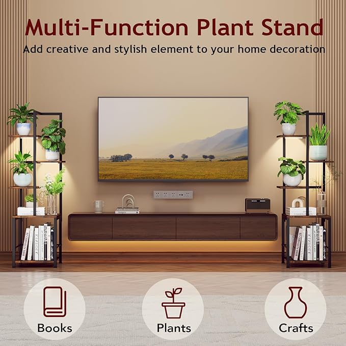 Plant Stand Indoor with Grow Light, 5-Tiered Tall Plant Stand Indoor, Metal Plant Shelf with Bookshelf Bookcase and Adjustable Light, Ideal for Living Room, Reading room, Garden, Patio (Brown)