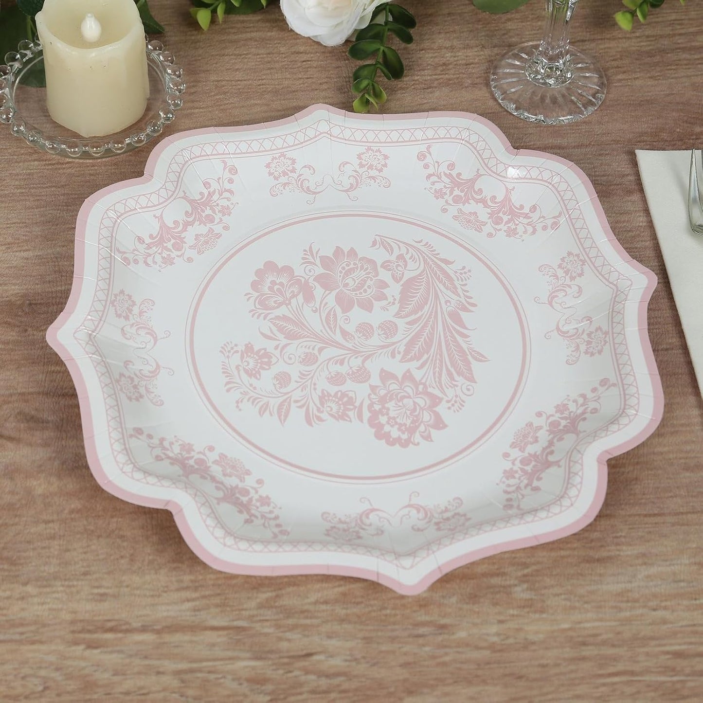 Efavormart 25 Pack White Pink Paper Dessert Plates in Damask Floral Pattern, 8" Round Disposable Salad Appetizer Plates with Scalloped Rims - 300 GSM