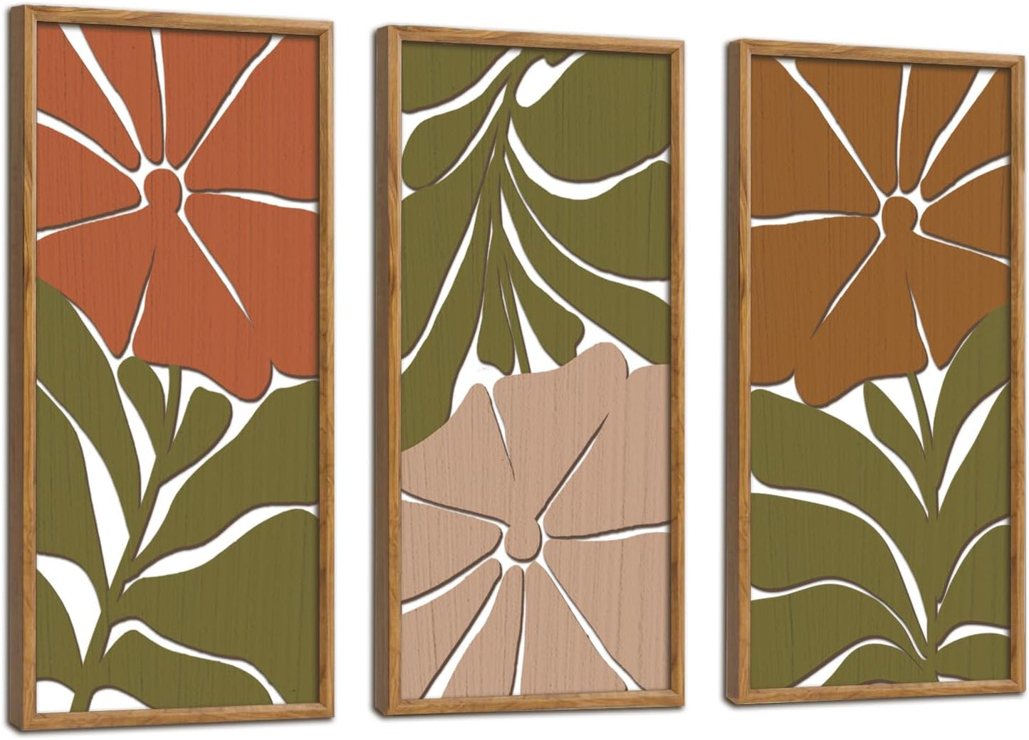 KAIRNE Boho Wooden Wall Art,Bohemian Wood Wall Decor Set of 3(16”X8”),Abstract Minimalist Hanging Decor,Vintage Farmhouse Bohemian Artwork for Living Room Bedroom Kitchen Office Decoration,Framed