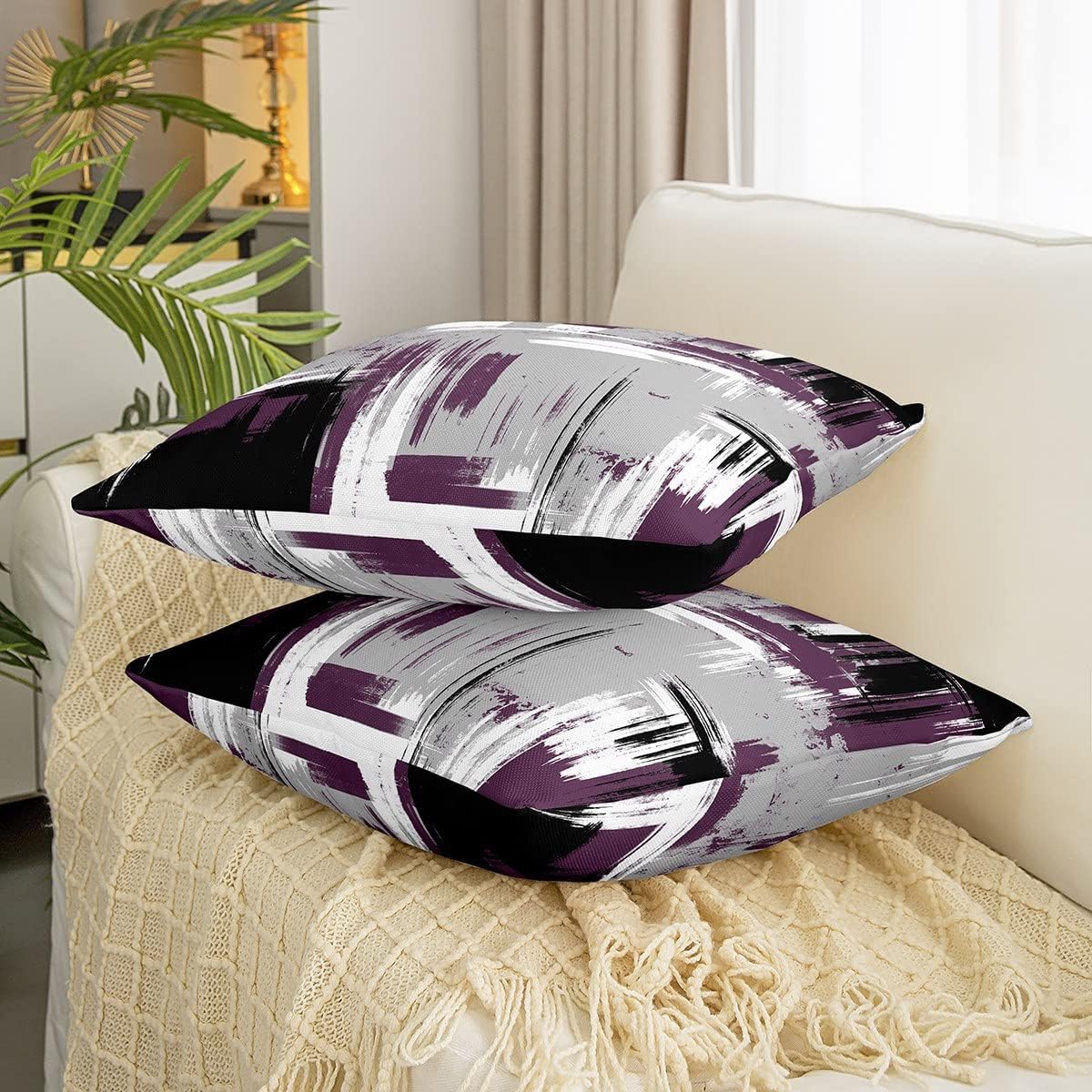 Feelyou Abstract Throw Pillow Covers for Couch Sofa Bed, Set of 2 Modern Abstract Art Decorative Pillows Cushion Covers, Retro Purple Grey Black Pillow Inserts Not Included, 20x20 inch