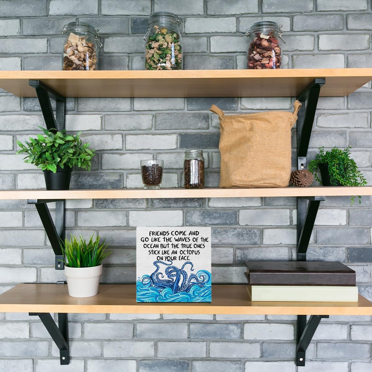 Funny Friendship Gifts for Women Men Best Friend Octopus Decor Rustic Wooden Box Sign, Desk Decor Office Desk Accessories for Table Shelf Home Farmhouse Bathroom Cubicle Wood Block Plaque Box Sign