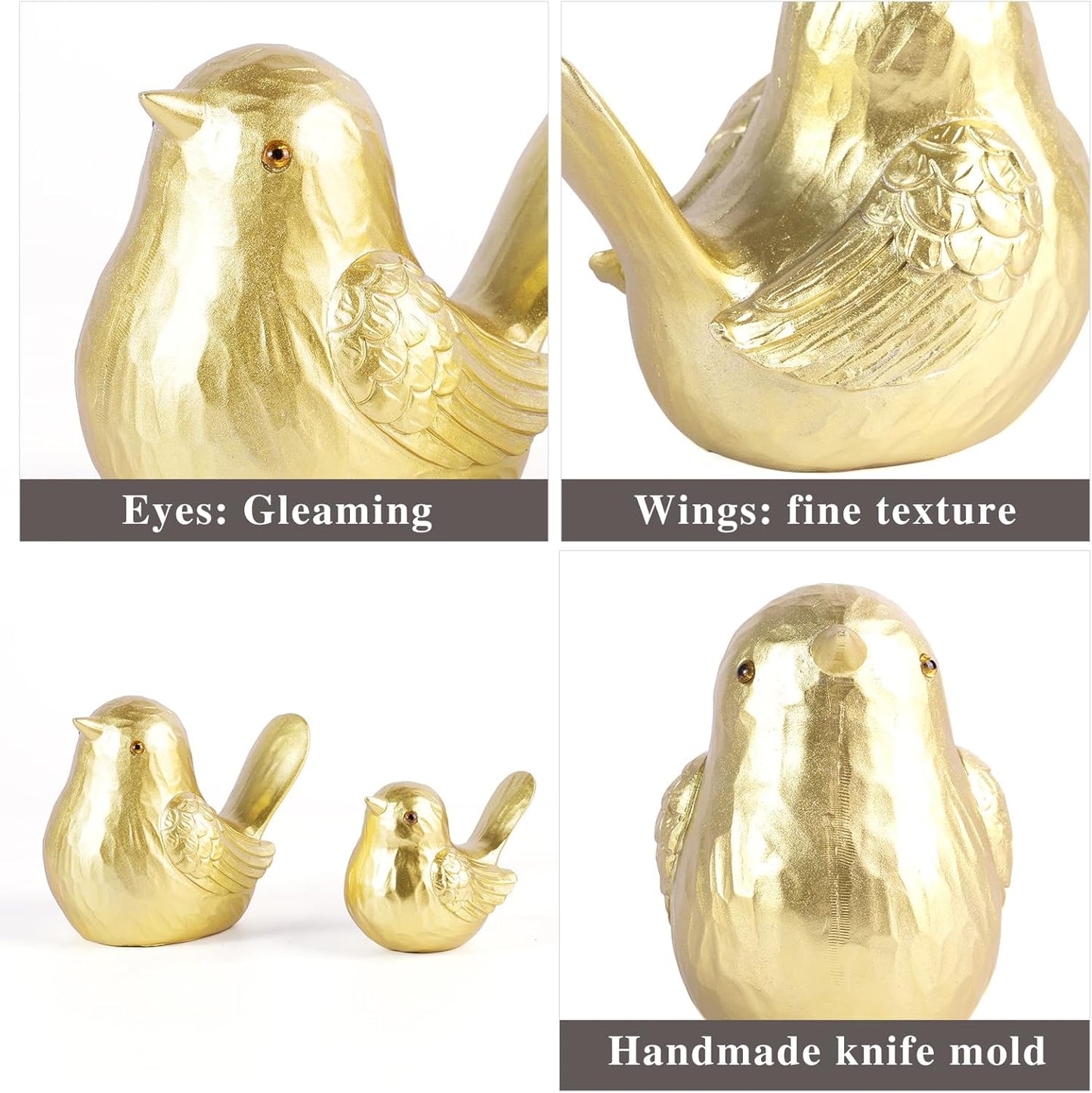 Gold Bird Decor - Small Bird Statues Modern Style Figurines for Living Room, Desk & Entryway, Cute Country Decor (Gold, 1B & 1S)