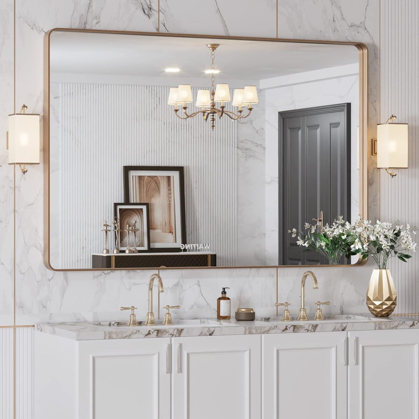 LOAAO 48”X32” Gold Bathroom Mirror, Rounded Rectangle Gold Frame Mirror, Brushed Gold Bathroom Vanity Mirror Wall-Mounted, Anti-Rust, Tempered Glass, Hangs Horizontally or Vertically