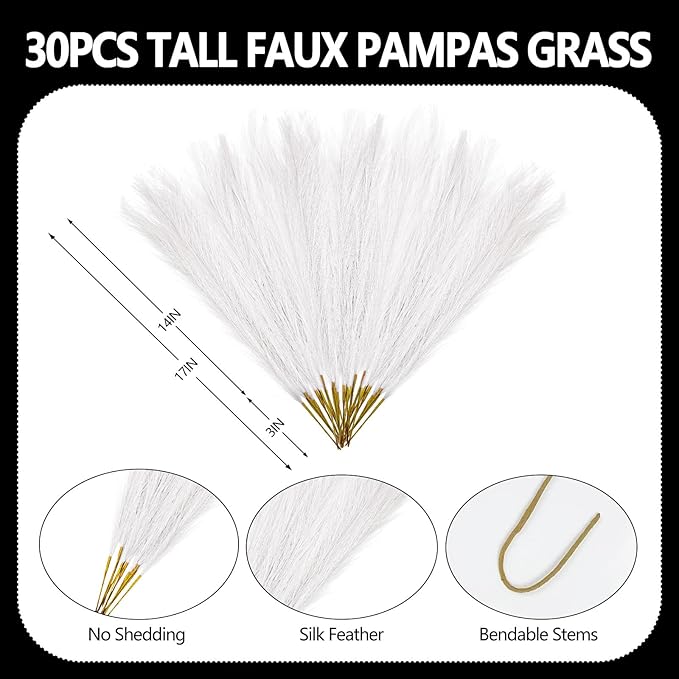 30 Pcs White Faux Pampas Grass, 17 Inches Artificial Pampas Grass Bulk, Short Fluffy Faux Pompas for Vase Filler, Home Boho, Wedding Anniversaries, Baby Shower Decoration