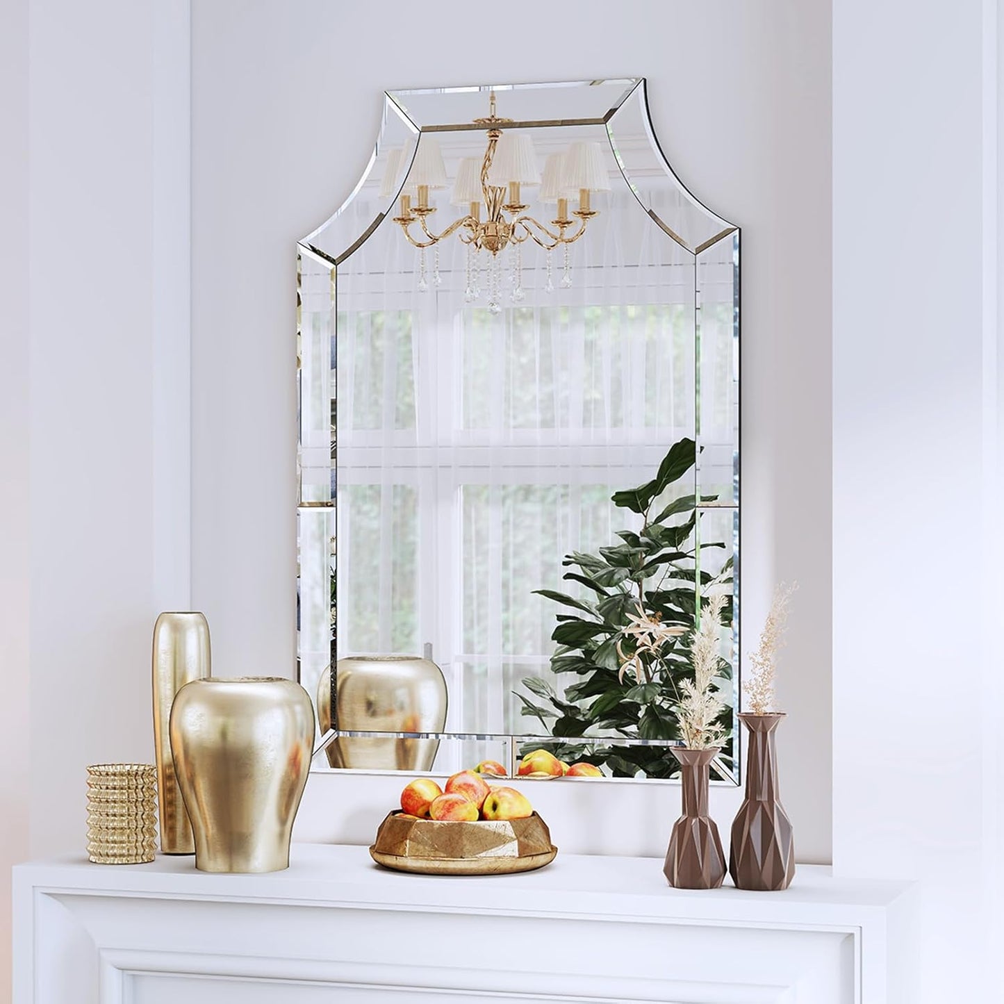 Large Decorative Wall Mirror, 31.5'' X 47.3'' Modern Living Room Mirror for Wall Decor with Glass Pieces and Beveled Edge, Scalloped Bathroom Mirrors Hang Vertically