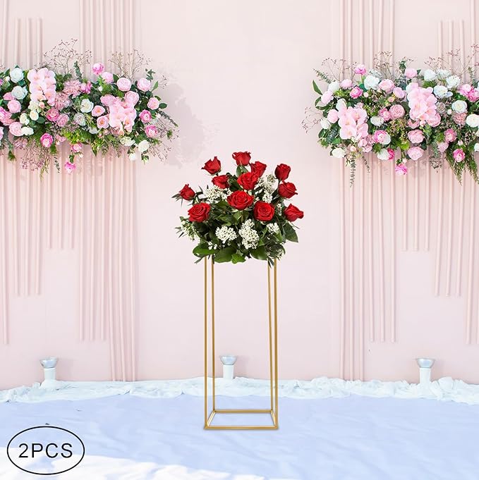 2 Pcs Metal Flower Stand for Wedding Centerpieces Stand Column Vases Wedding Flower Stand Rectangular Geometric Gold Centerpieces Stands for Wedding Decorations Home Party Event (2Pcs 31.49inch)