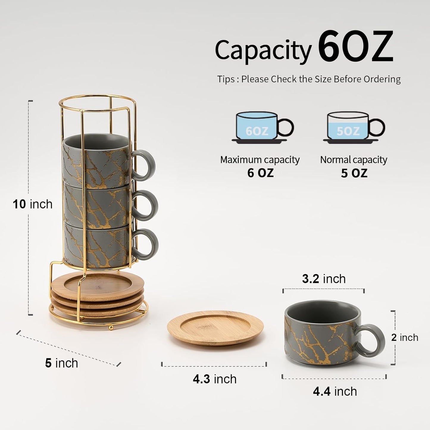 LUKA 6 Ounce Porcelain Stackable Espresso Cups with Saucers and Metal Stand Set of 4, Ceramic Cappuccino Cups Set for Specialty Coffee Drinks, Latte, Cafe Mocha and Tea, Gray