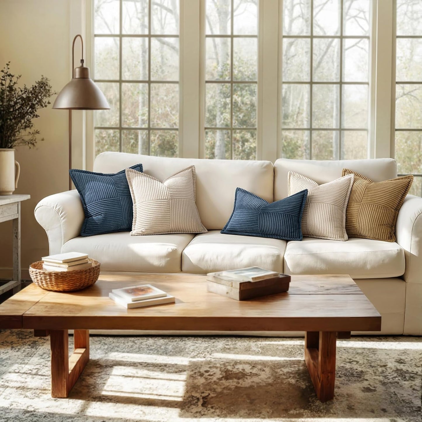 MIULEE Blue Corduroy Decorative Euro Sham Pillow Covers 24x24 Inch with Splicing Set of 2 Soft Boho Pillow Covers Broadside Textured Summer Coastal Pillowcases for Couch Bed Livingroom