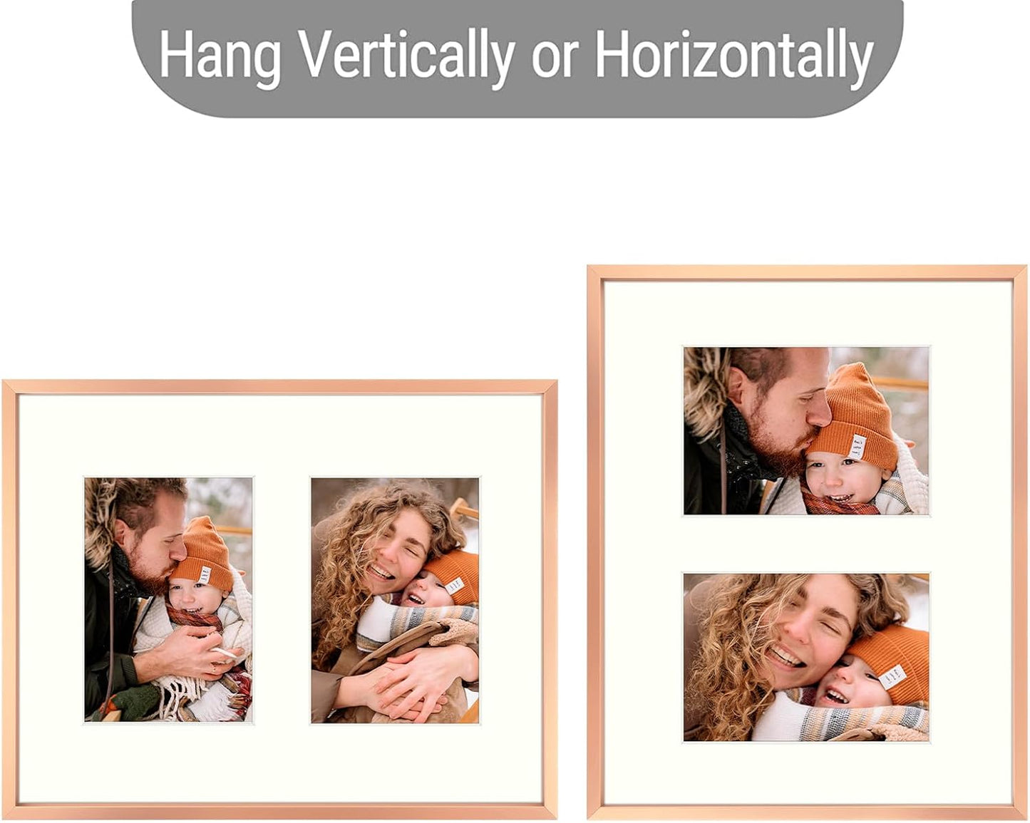 Frametory - 11x14 Aluminum Collage Picture Frame - Display 5x7 Pictures with 2 Openings Mat - Real Glass Front - Horizontal/Vertical Wall Mount - Rose Gold 1 Pack