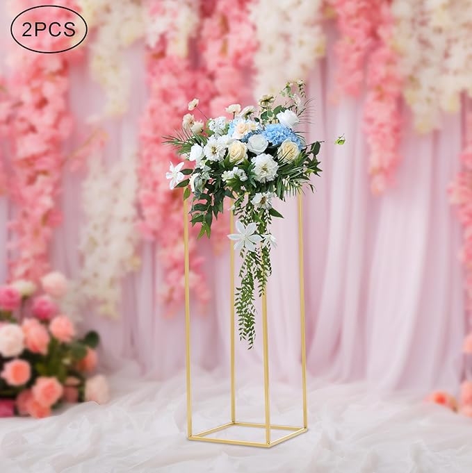 2 Pcs Metal Flower Stand for Wedding Centerpieces Stand Column Vases Wedding Flower Stand Rectangular Geometric Gold Centerpieces Stands for Wedding Decorations Home Party Event (2Pcs 31.49inch)