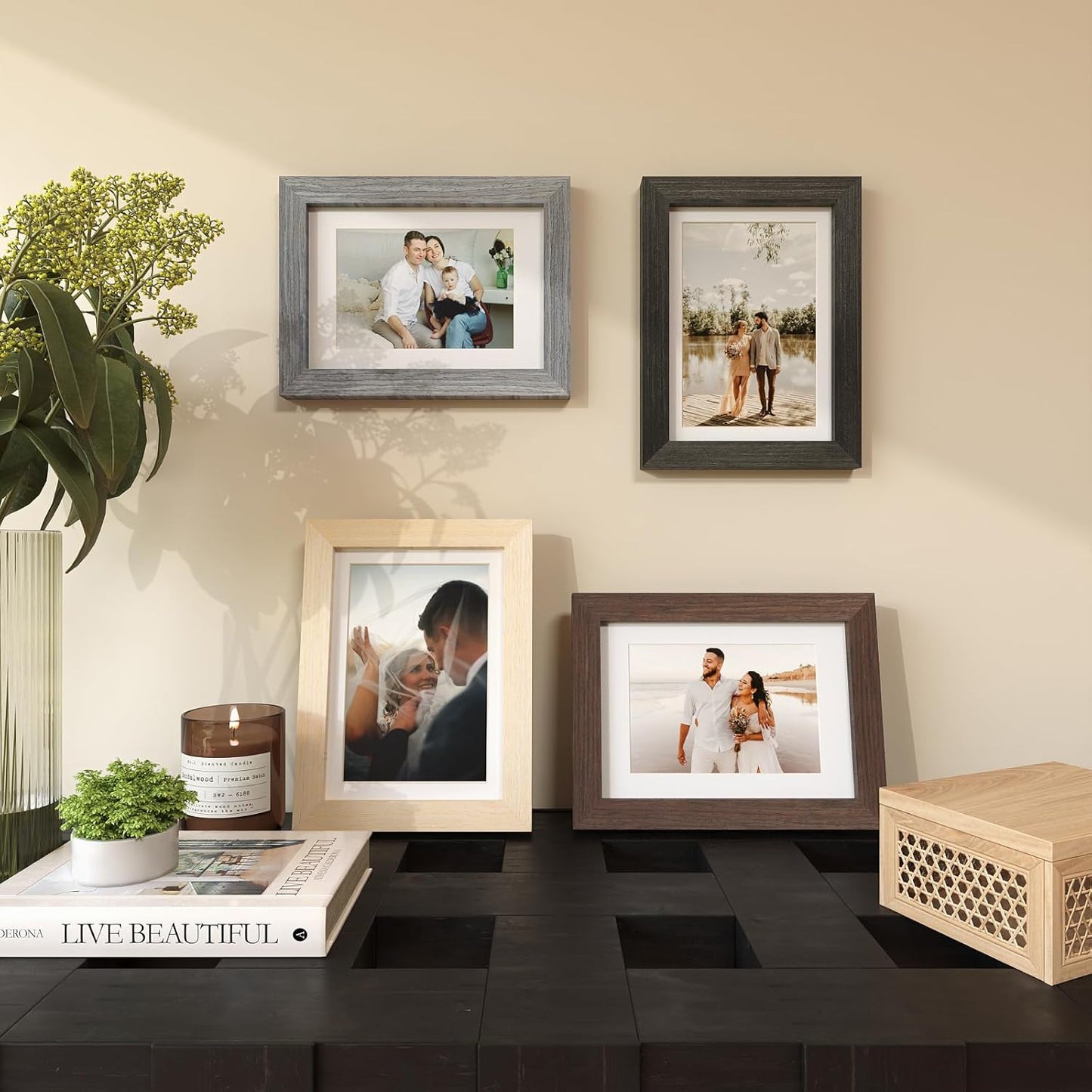 Egofine 5x7 Picture Frame Set of 4, Made of Solid Wood Multicolor Photo Frames Covered by Plexiglass 3.5x5 and 4x6 with Mat or 5x7 without Mat, for Table Top Display and Wall Mounting Mixed Colors