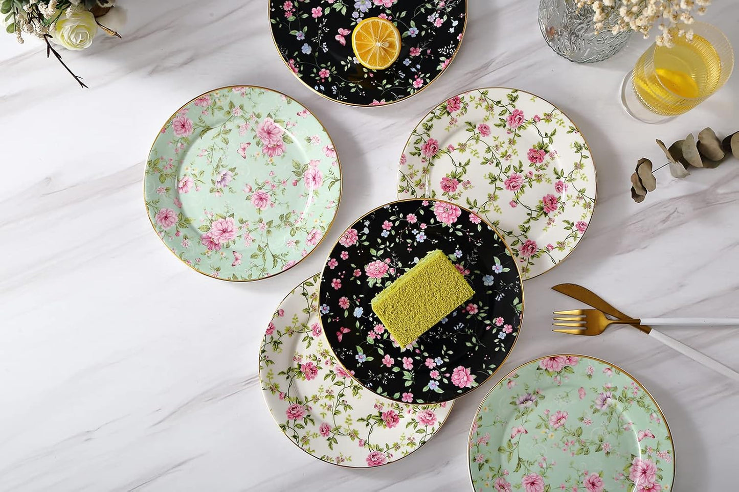 Floral Dessert Plates, Set of 6-8 Inch Ceramic Appetizer Plates with Gold Trim, Vintage Floral Design for Salad, Tea Party & Dinner