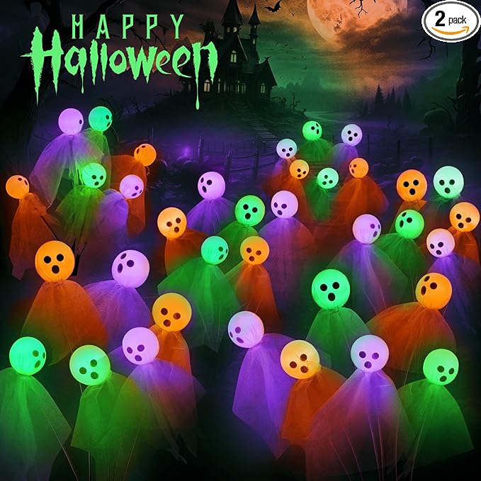 VIHOSE 2 Packs Halloween Solar Lights Outdoor 12 LED Solar Ghost Pathway Lights Waterproof Spooky Ghost Path Light Outdoor Halloween Decorations for Outside Garden Lawn Yard Decors (Colorful)