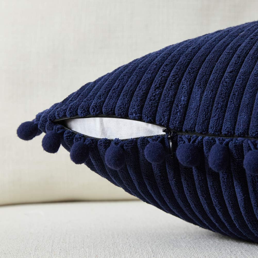 Fancy Homi Set of 2 Navy Blue Decorative Throw Pillow Covers 14x14 Inch with Pom-poms for Couch Bed Sofa, Modern Farmhouse Boho Home Decor, Soft Plush Corduroy Cute Cushion Case 35x35 cm