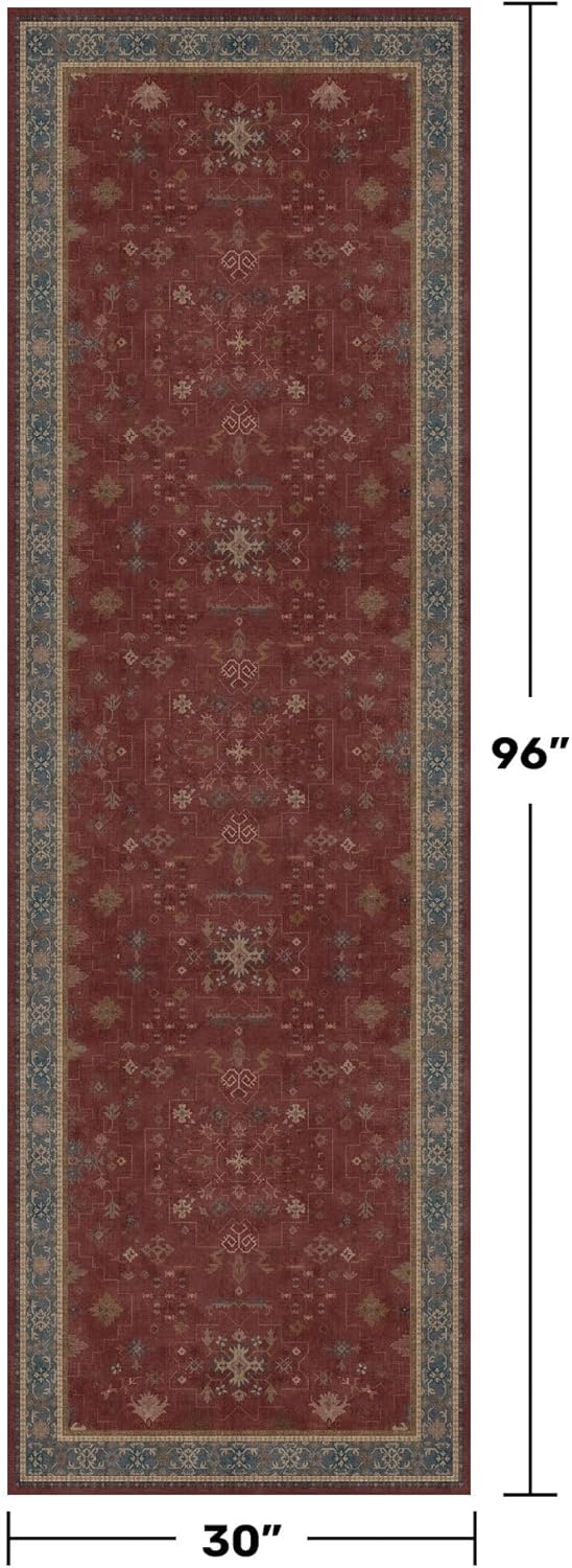 Dark Red 2'6''x8' Wide Hallway Runner Rug - Washable Kitchen Sink Rug, Non Slip 8ft Long Runner Rug for Entryway, Burgundy Turkish Floral Print Home Décor