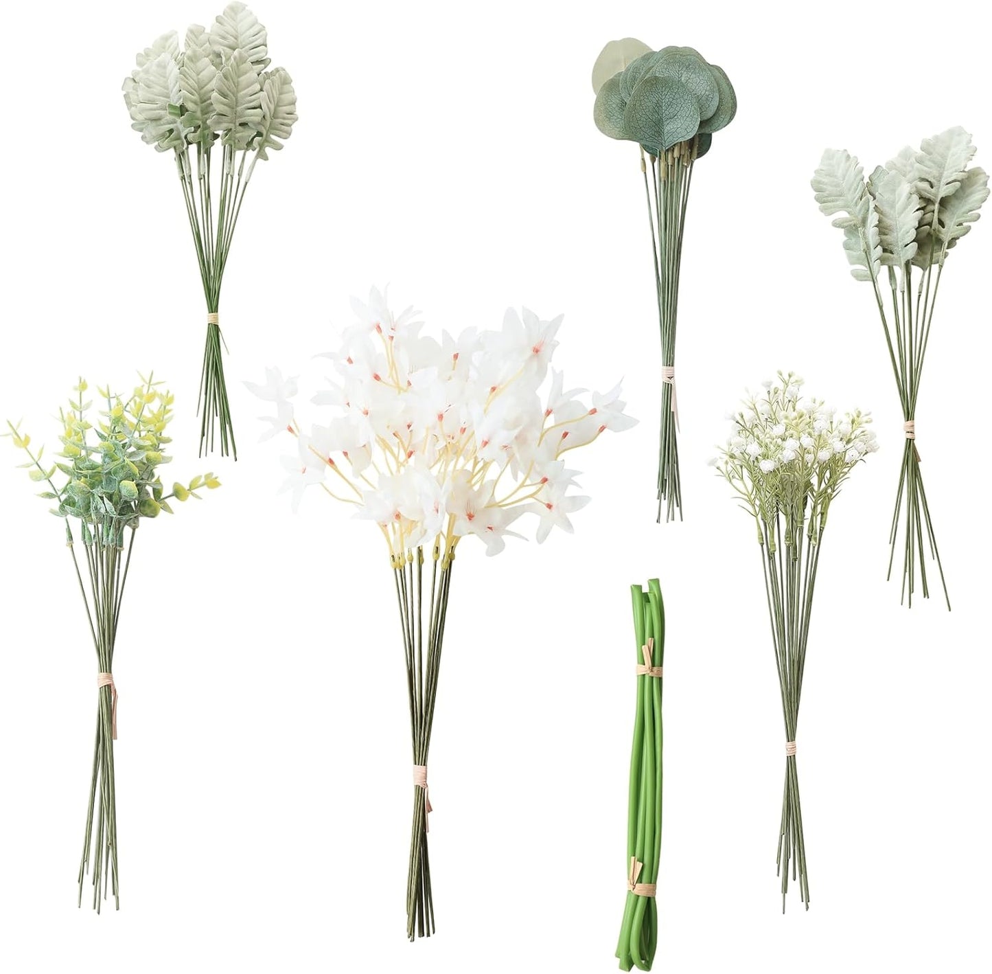 Floroom Artificial Greenery Stems Box Set, 97pcs with 6 Kinds of Faux Greenery Flowers Picks for DIY Bridal Bouquets Wedding Floral Arrangement Table Centerpieces, Sage Green & White