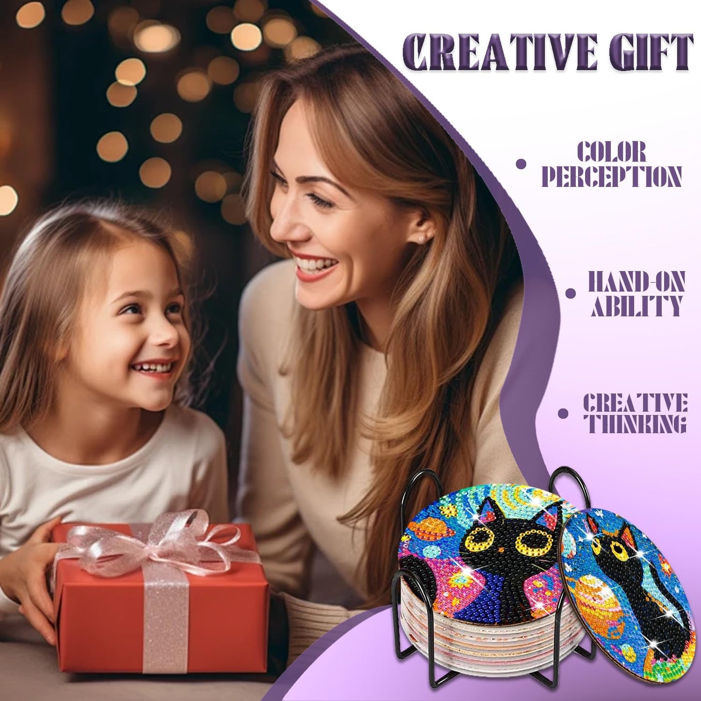 DOZEEZOP 8 PCS Diamond Art Coasters Kit, Cat Diamond Painting Coasters with Holder, Fall Diamond Art Kits for Adults Beginners, Arts and Crafts Supplies Black Astral Cat Animals