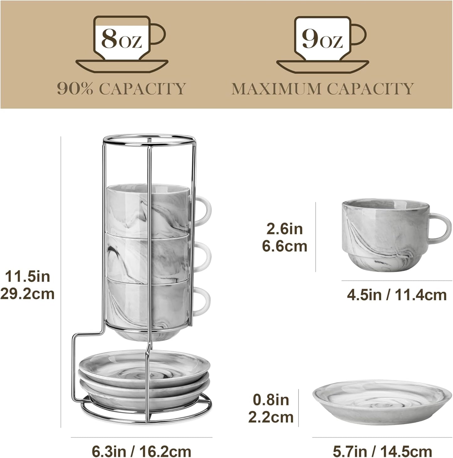 MALACASA 8 OZ Porcelain Espresso Cups with Saucers and Metal Stand Set of 4, Stackable Cappuccino Cups, Marble Gray Expresso Shots Cup Set for Coffee Drinks, Latte, Tea