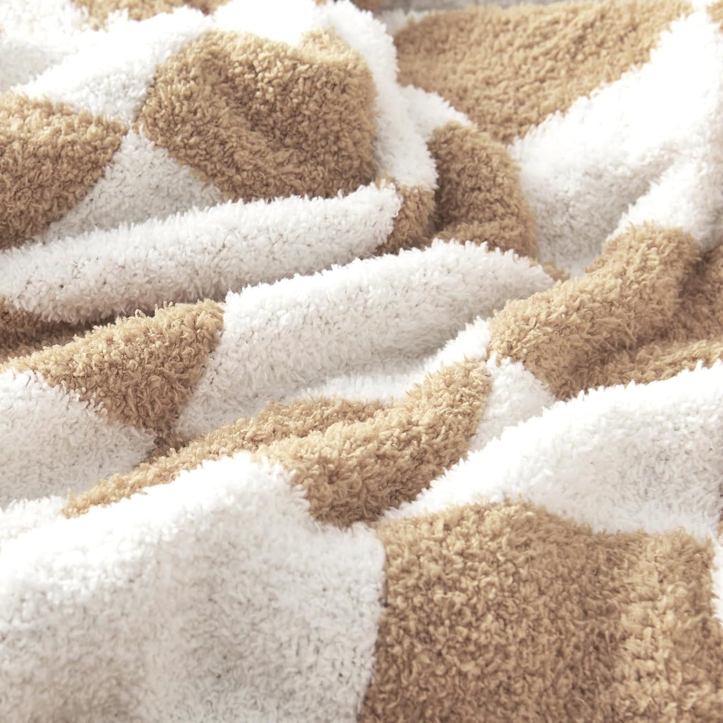 CozeCube Super Soft Fullfy Microfiber Reversible Knitted Blankets, Warm Cozy Fuzzy Plush Throw, Beige and White Checkered Throw Blanket for Couch Bed Sofa, 60" x 80"