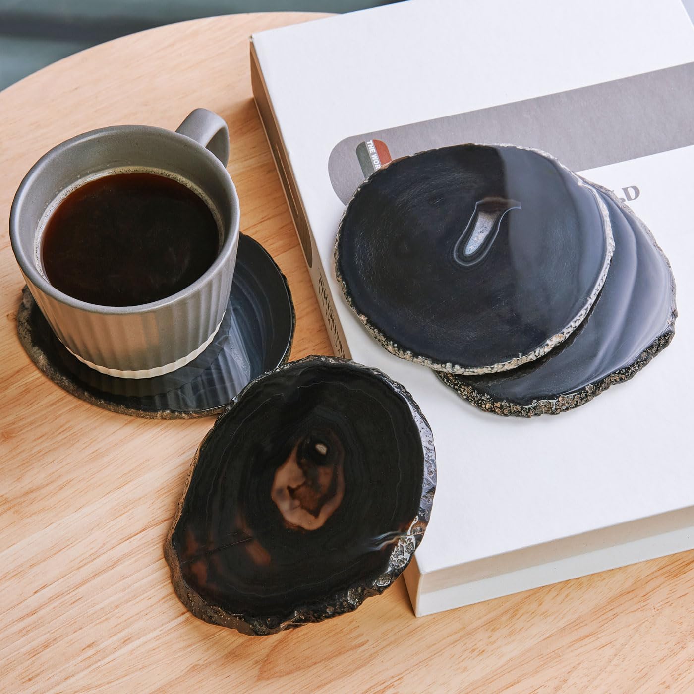 Luxury Lane Set of 4 Large Natural Brazilian Agate Slice Geode Rock Stone Drink Coasters with Wood Holder 4.3-4.7 inch Centerpiece Table Decoration, Black Space