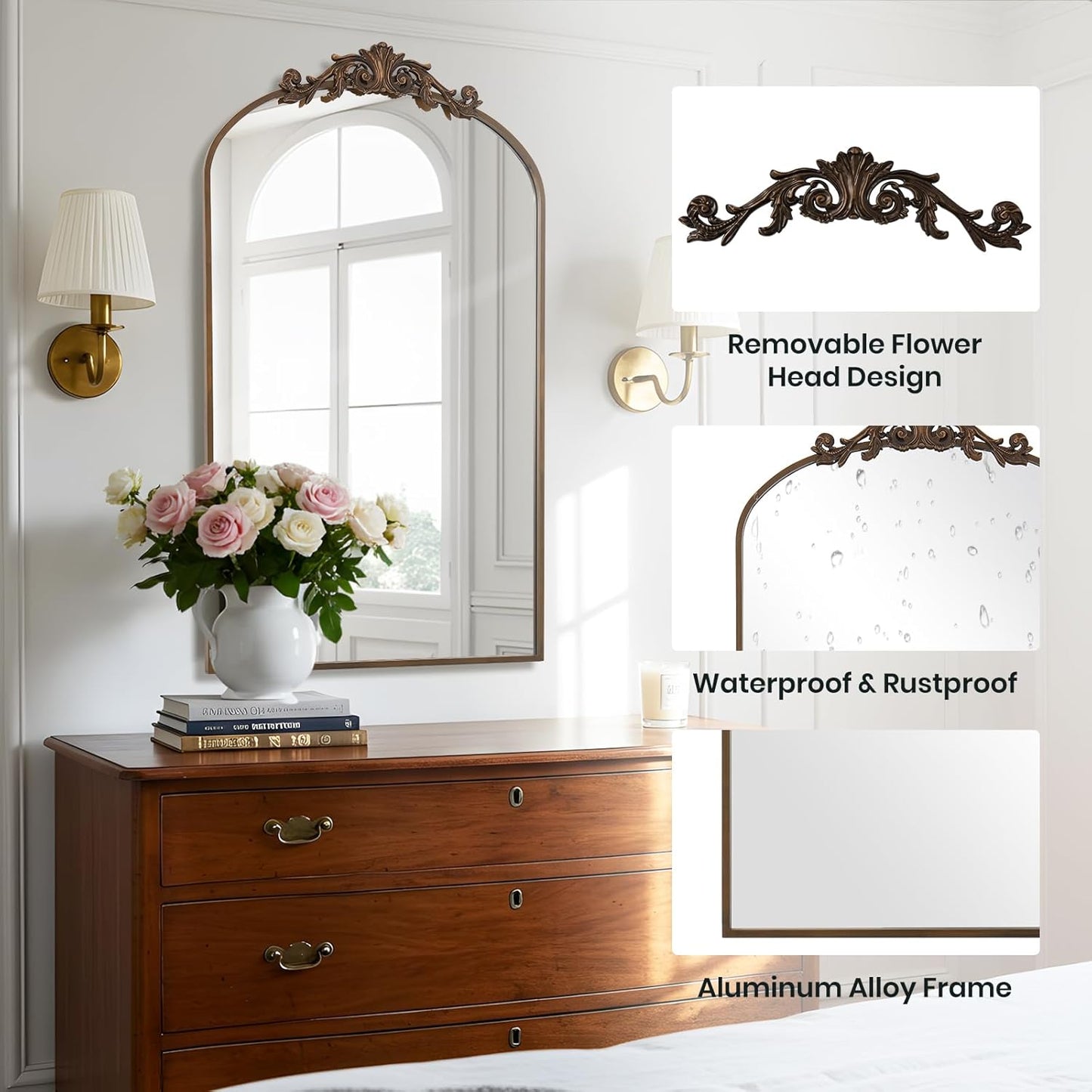 Filigree Arched Wall Mirror 22"x46" Retro Wall-Mounted Mirror with Vintage Ornate Carved Applique Hanging Leaning Antique Home Decor Mirror for Fireplace Living Room Entryway Hallway Bathroom, Bronze