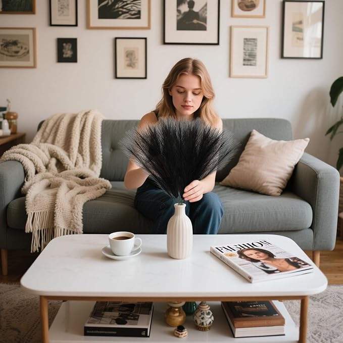 30 Pcs Black Faux Pampas Grass, 17 Inches Artificial Pampas Grass Bulk, Short Fluffy Faux Pompas for Vase Filler, Home Boho, Wedding Anniversaries, Baby Shower Decoration