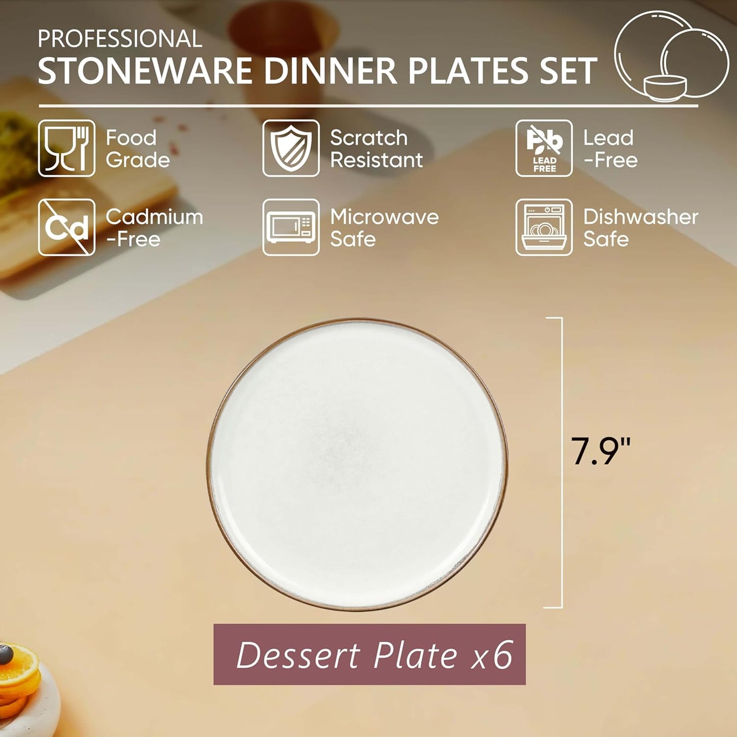 Herogo Ceramic 7.9 Inch Porcelain Dessert Plates Set of 6, Small Stoneware Dinner Plate Set, Double Reactive Glaze Large Dinnerware Plates for Kitchen, Microwave, Oven & Dishwasher Safe, Ivory White