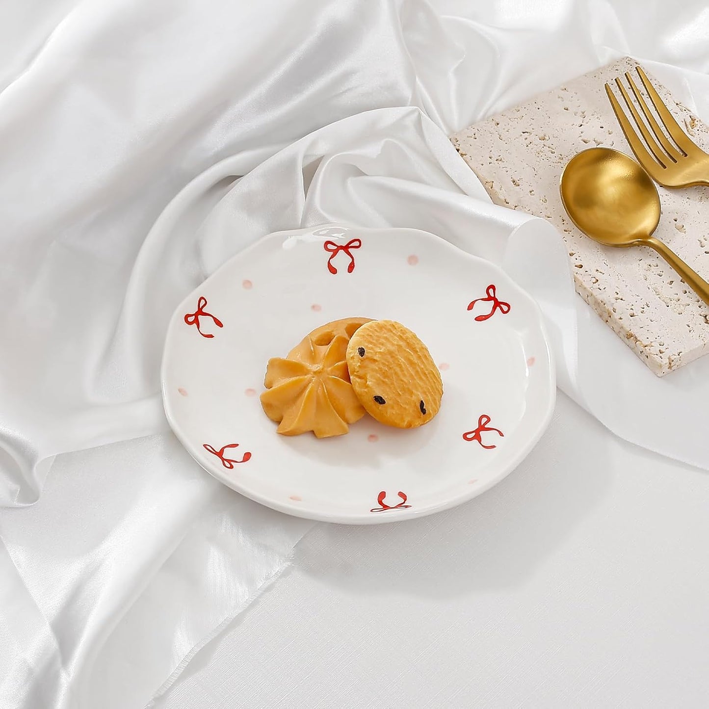 Koythin Ceramic Dessert Plates, Cute Fruits Dinner Plate, Printed Flowers Dinnerware for Office and Home, Kitchen Plates for Desserts (Double Line Bow)