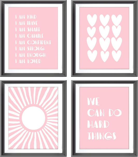 I am Kind Brave Smart Affirmations Pink Sun Sunshine Hearts Poster Prints for Girls Kids Room Playroom Decor,Girl Nursery Decorations Prints Wall Art Unframed 4pcs 8x10inches,Girls Kids Gifts