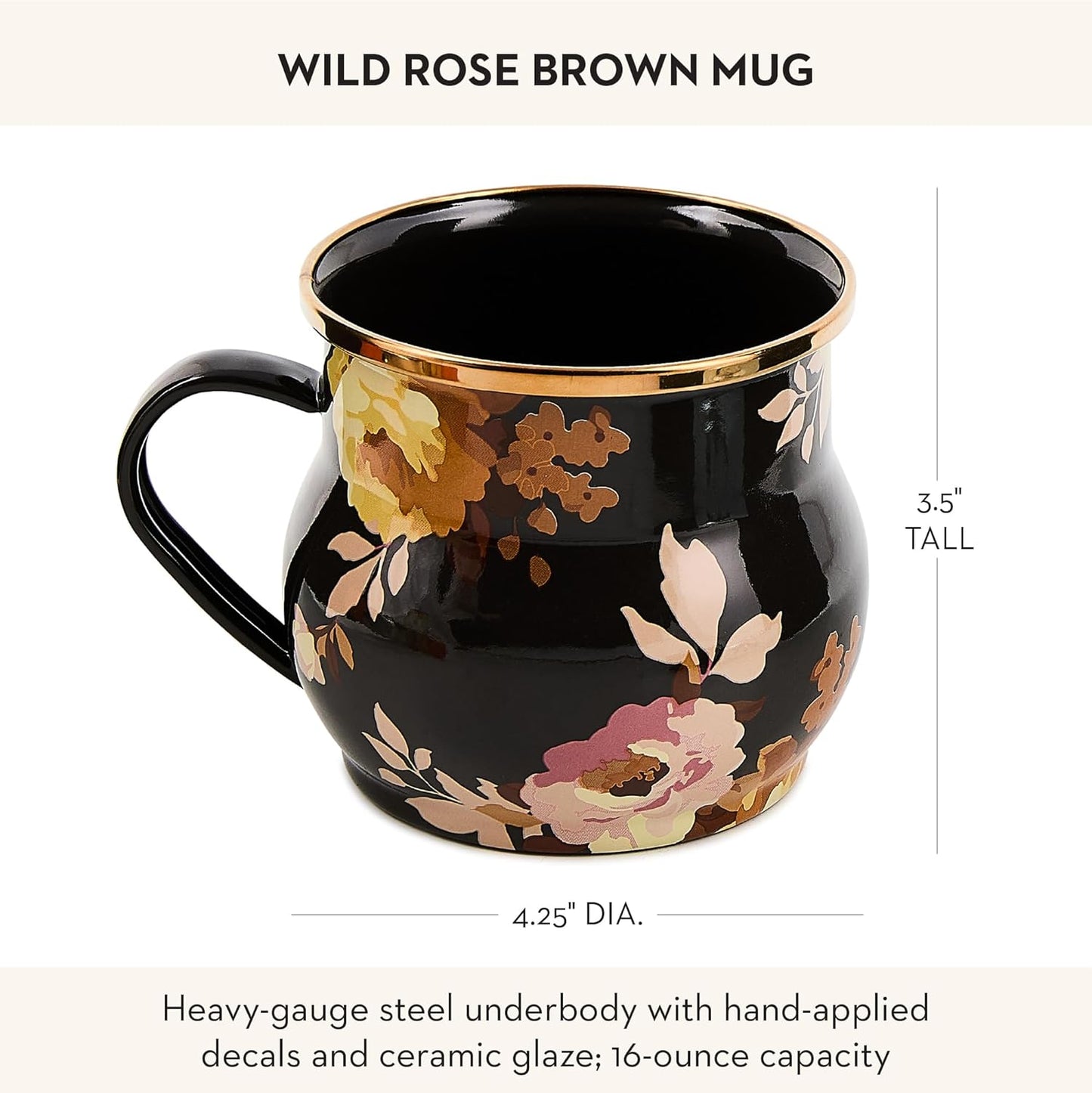 MACKENZIE-CHILDS Enamel Mug, Cute Enamelware Tea or Coffee Mug, Wild Rose Brown