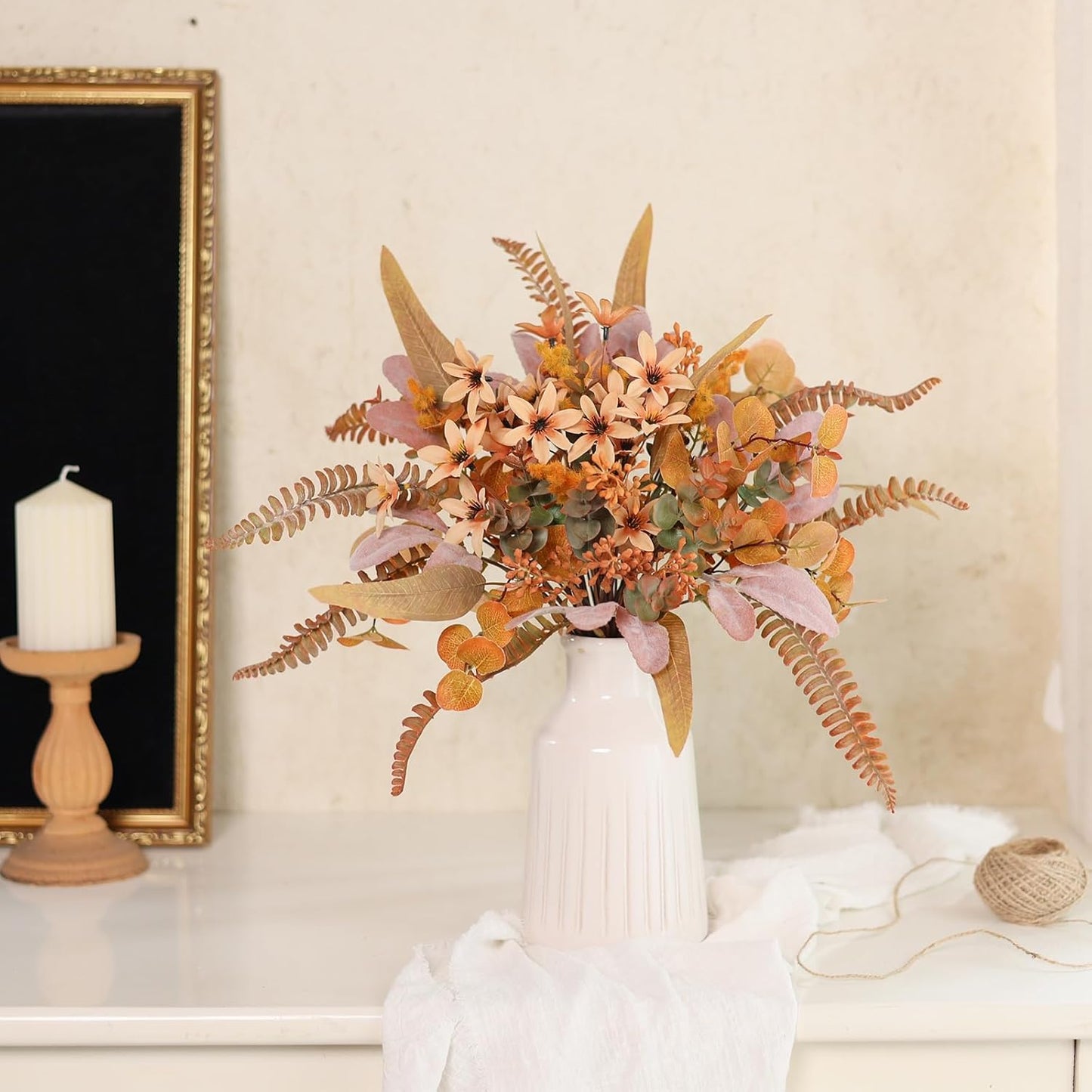 FOTEEWL 75 Pcs Artificial Greenery Stems Box Set,with 8 Kinds of Faux Plants and Fake Flowers for DIY Bridal Bouquets Wedding Floral Arrangement Table Centerpieces Fall Decoration (Orange)