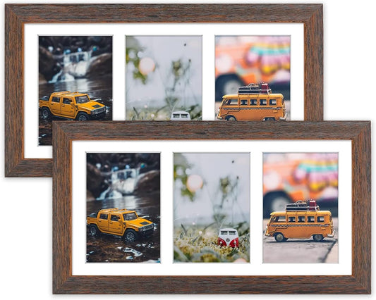 Golden State Art, Set of 2, 7x14 Distressed Brown Wood Frame - 3-Opening White Mat for 4x6 Pictures - Portrait or Landscape Wall Mounting - Sturdy And Easy To Install - Real Glass