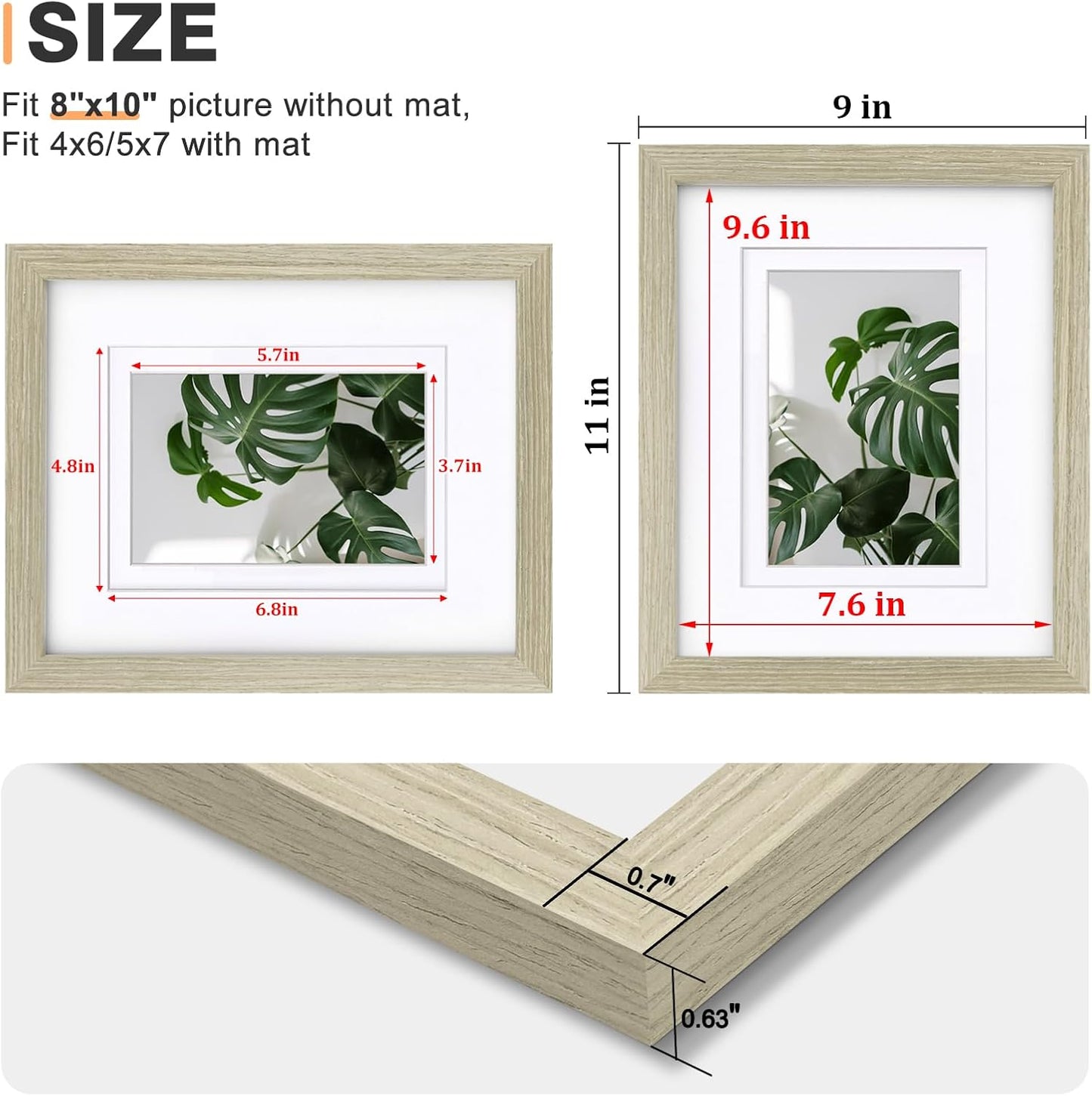 Egofine 8x10 Picture Frames Set of 4, Made of Solid Wood Covered by Plexiglass 4x6 and 5x7 with Mat or 8x10 without Mat, for Table Top Display and Wall Mounting Photo Frame Distressed Wood Grain