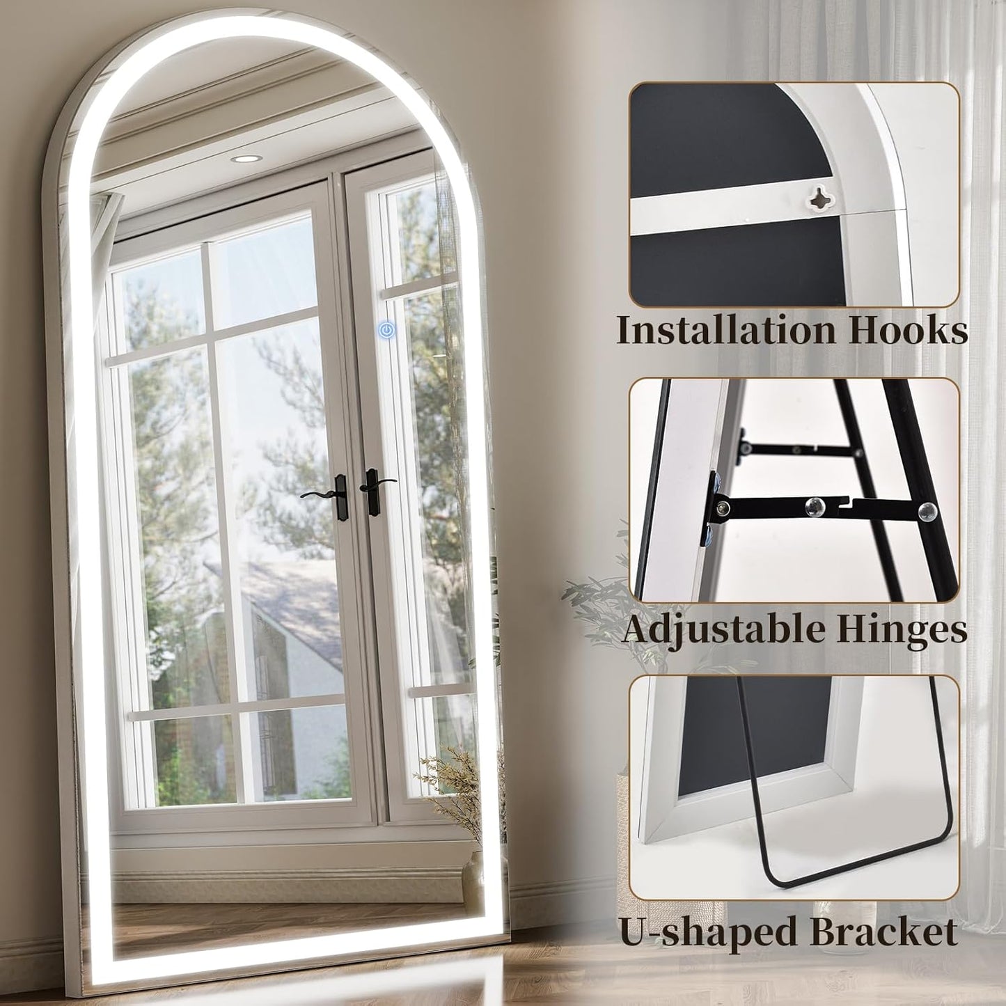 GLSLAND 34"x76" Arched LED Full Length Mirror with Lights Wall Mounted/Standing, Dimmable Floor Lighted Mirrors W/Anti-Fog, Touch Control for Bedroom, Dressing Room