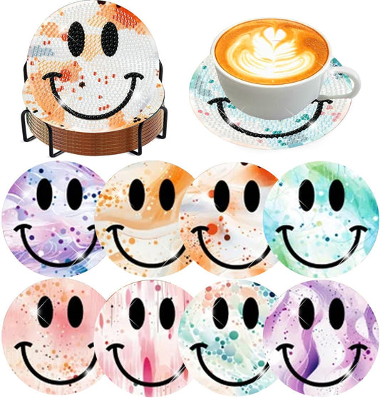 Meothan 8 Pcs Diamond Art Coasters Kits for Adults with Holder Cork Pads, Smile Face Diamond Dots Art Painting Coasters Crafts Kit for Home Office Decor (4x4in)