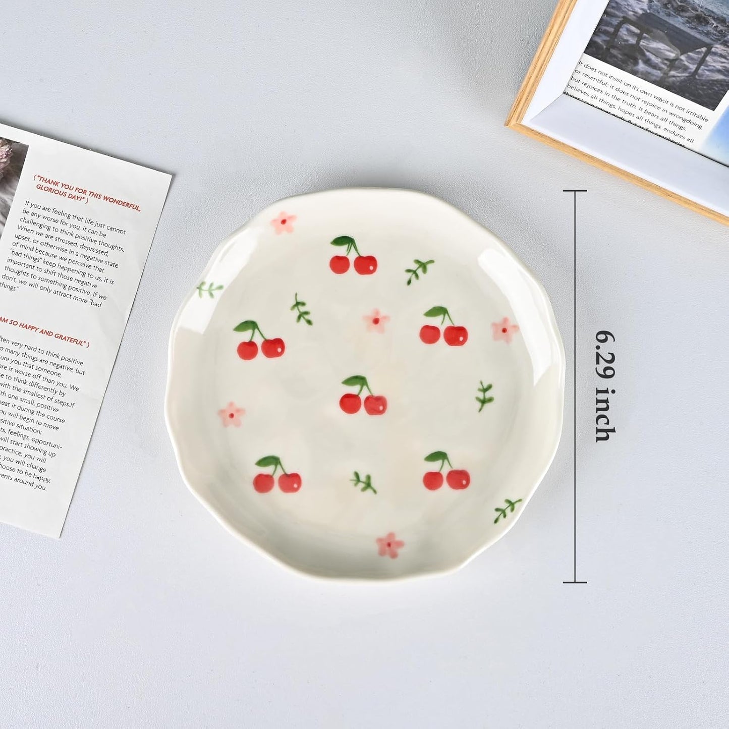 Koythin Ceramic Dessert Plates, Cute Fruits Dinner Plate, Creative Plates Design, Printed Flowers Dinnerware for Office and Home, Kitchen Plates for Desserts (Cherry Flower)