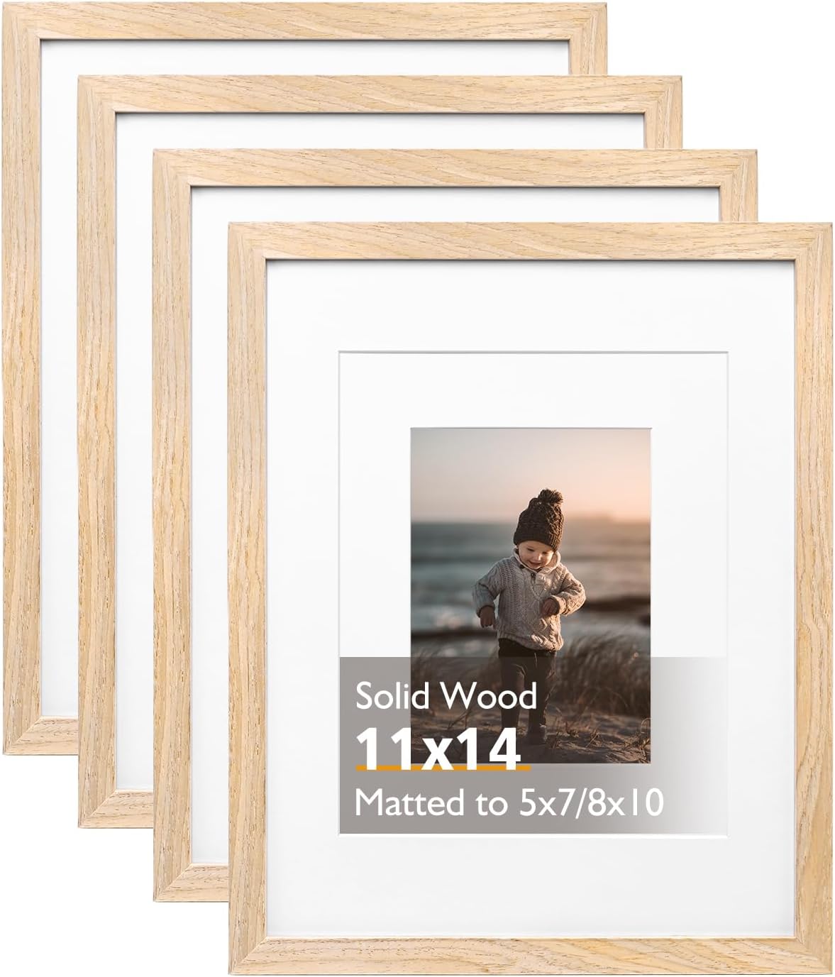 KINLINK 11x14 Picture Frame Natural, Solid Wood Frames 14x11 with Acrylic Plexiglass for Pictures 5x7/8x10 with Mat or 11x14 without Mat, Tabletop and Wall Display Photo Frame Set of 4